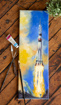 "Cosmic Ascendance: Soyuz Soaring" Original Oil Painting 8" x 24"