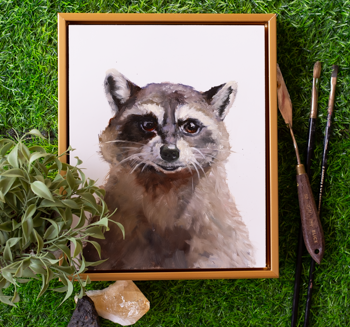 "Gaze of Mischief: Raccoon's Encounter"  original oil painting 8" x 10"