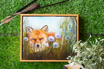 "Golden Serenity: Fox in a Field of Dandelions" original oil painting 8" x 10"