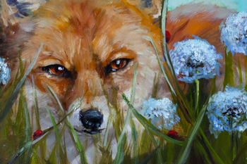 "Golden Serenity: Fox in a Field of Dandelions" original oil painting 8" x 10"