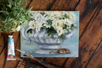 "Whimsical Tranquility: Tea Vase of Daisies with a Resting Mouse" Original Oil Painting 8" x 10"