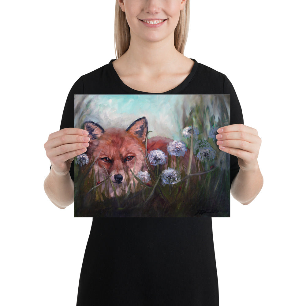 "Golden Serenity: Fox in a Field of Dandelions" Fox Artwork Print on Premium Luster Photo Paper