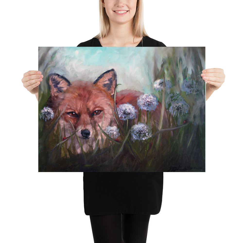 "Golden Serenity: Fox in a Field of Dandelions" Fox Artwork Print on Premium Luster Photo Paper