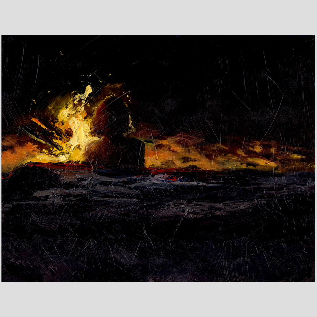 11x14" Limited edition artwork represents one of the five stages of grief - denial and isolation. The woman is sitting on the beach at night with her back to us as she gazes into the fire. The fire represents hope, as the fire will burn away all of the negative and bring light.