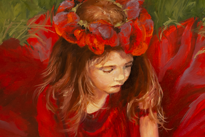 closeup of the girl in red that shows beautifuly brushstrokes.