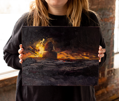 Image of the original oil painting 11x14" titled "I'm Done" representing the 5 Stages of Grief - Denial and Isolation. Here a model holds the painting so you can see the size reference.