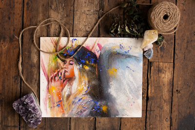 vibrant artwork of an angel praying among the chaos.