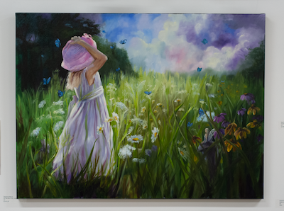 This picture is of a little girl in a field surrounded by butterflies, fairies and a bunny. She is prepared for the winds to blow, even though the world is still, she anticipates it - she knows that the winds of change will part the clouds to reveal a castle in the sky. This artwork is a symbol of acceptance and hope for the 5 faces of grief.