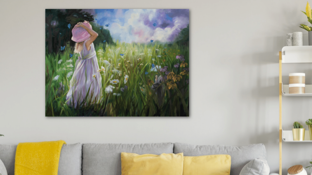 30x40" original oil painting from the 5 Faces of Grief collection by Stephanie Weaver. This piece is showcased in a living room and looks stunning with the soft yellow and grey decor.