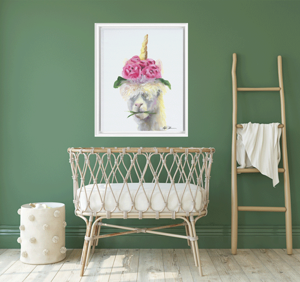 24x30 gallery wrapped framed print of llama unicorn artwork