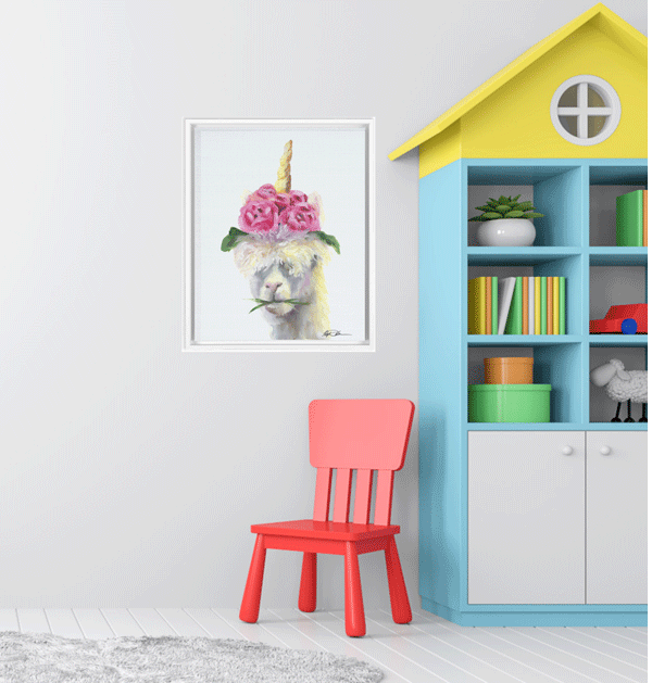 16x20 gallery wrapped framed print of llama unicorn artwork