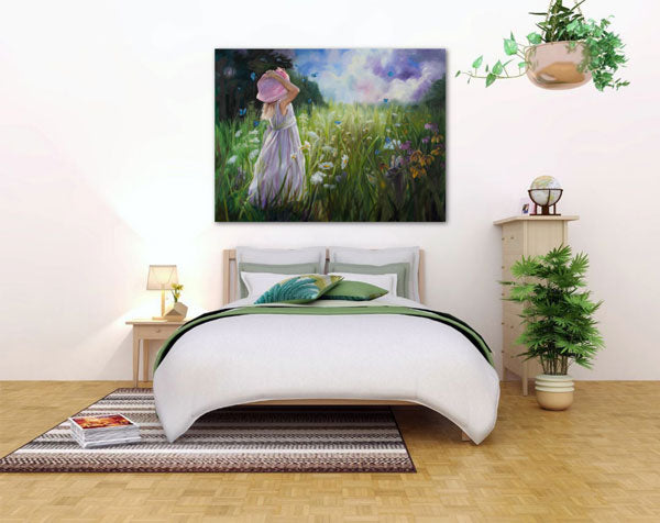 The vibrant oil painting is showcased in a bedroom. This uplifting piece of artwork would be a fabulous addition to your home decor.