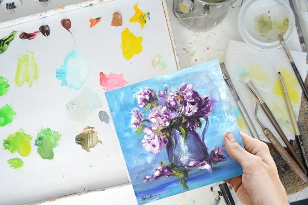 "Purple Peonies" Original Oil Painting 6" x 6"