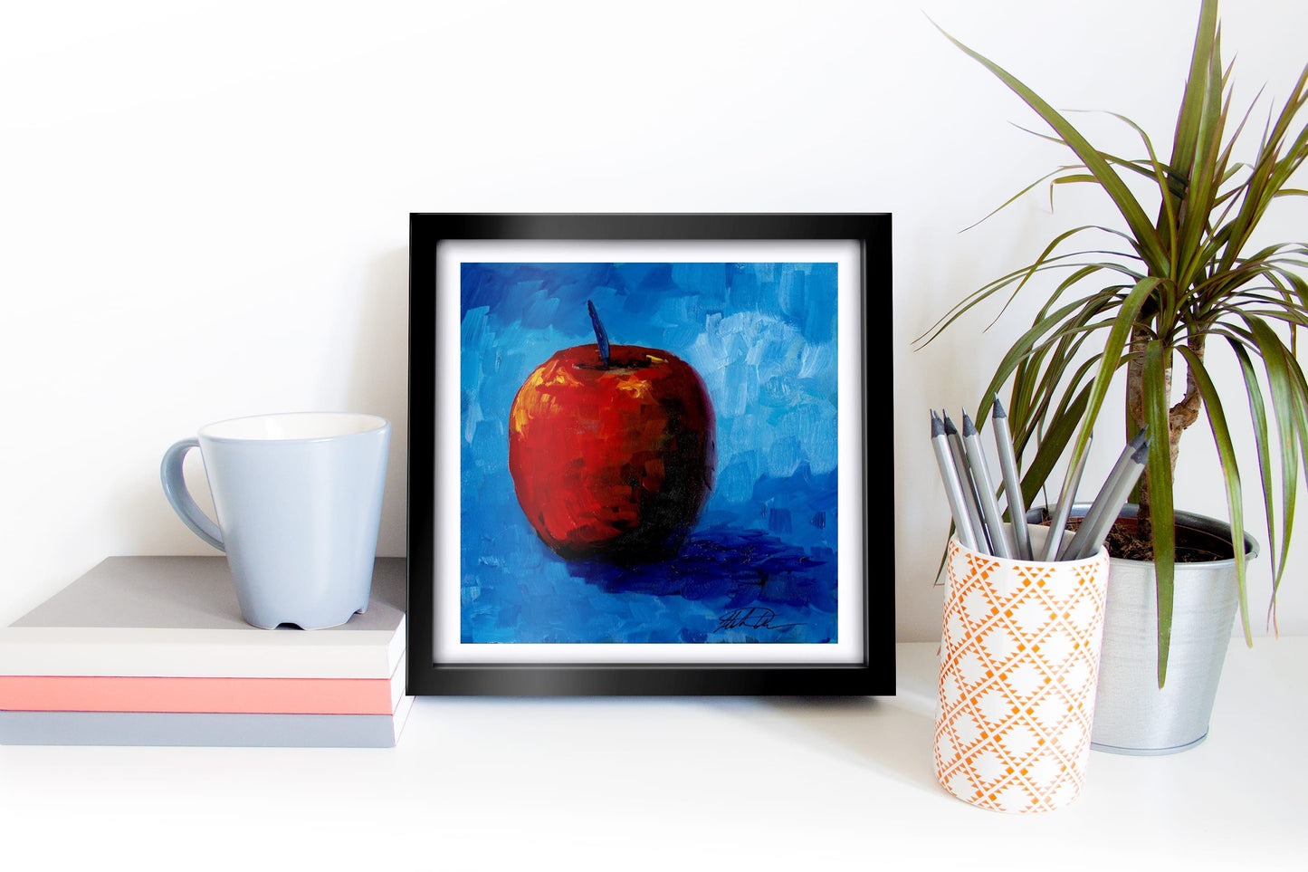 "Apple Artwork- Red and Vibrant Blue" Original Oil Painting 6" x 6"