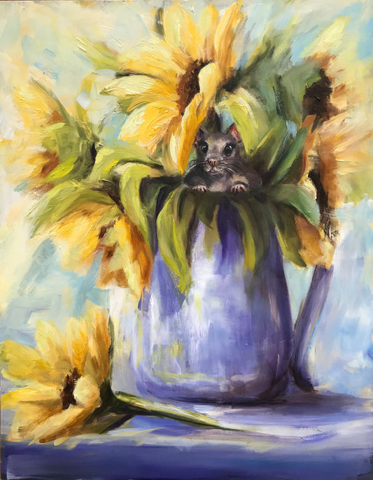 "Sunflower and Mouse" original oil painting 11x14"