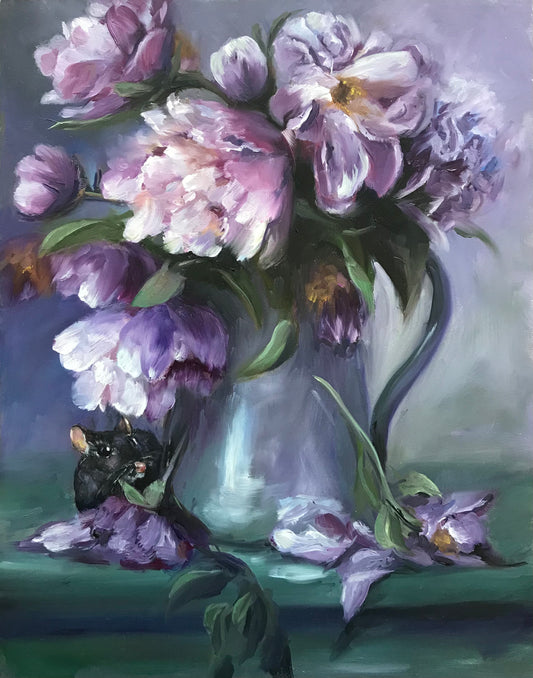 "Peonies and Mouse" original oil painting 11x14"