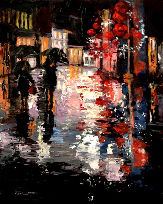 Original Oil Painting - Rainy city created with a Palette knife 8x10"
