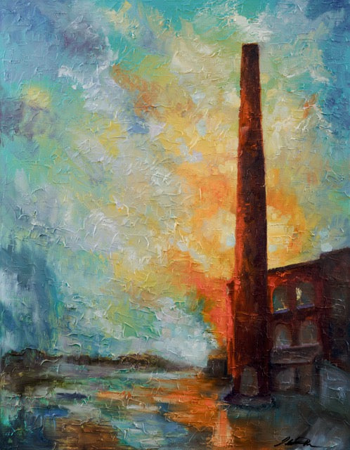lluminated Lowe Mill Smokestack Original Oil Painting