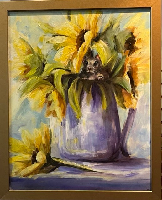 "Sunflower and Mouse" original oil painting 11x14"