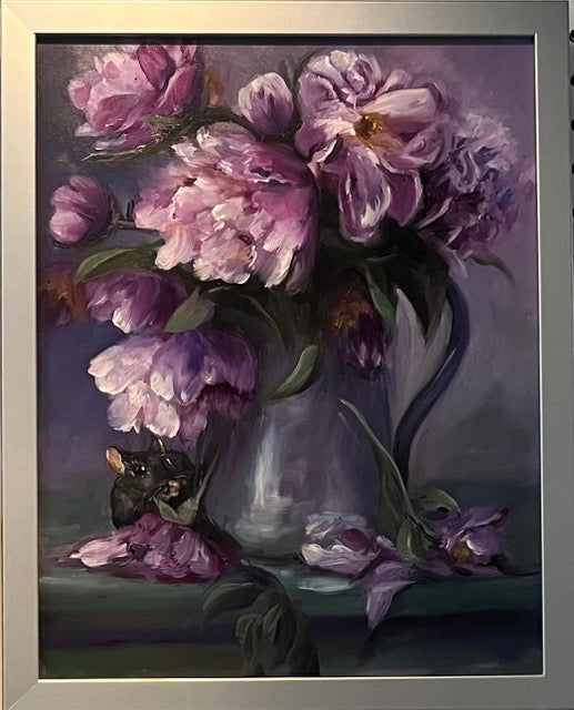 "Peonies and Mouse" original oil painting 11x14"