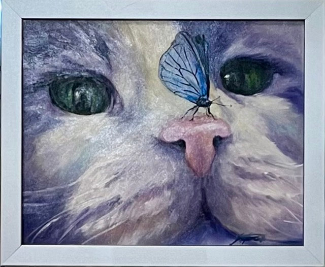 "Purple Cat with Butterfly" Original Oil Painting 8x10"