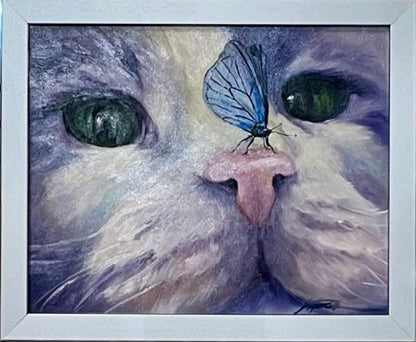 "Purple Cat with Butterfly" Original Oil Painting 8x10"