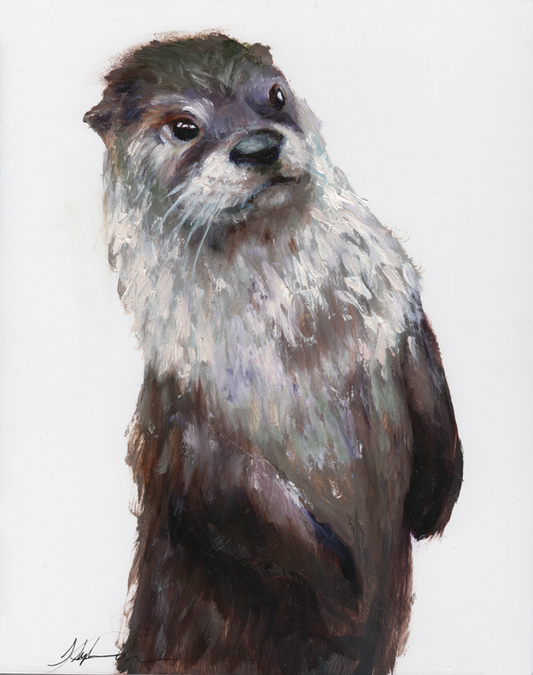 "Reflective Encounter: Otter's Gaze" Original Oil Painting 8" x 10"