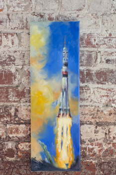 "Cosmic Ascendance: Soyuz Soaring" Original Oil Painting 8" x 24"