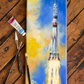 "Cosmic Ascendance: Soyuz Soaring" Original Oil Painting 8x24"