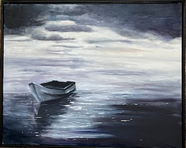 Tranquil Waters Original Oil Painting by Stephanie Weaver featuring a single boat on the ocean in black and white