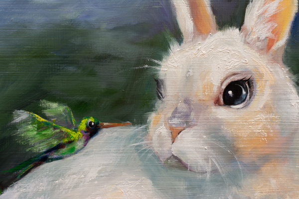 "Joyful Chatter: Bunny's Serenade" 18x24" Original Oil Painting - part of Whispers of Harmony Hummingbirds Tales Series