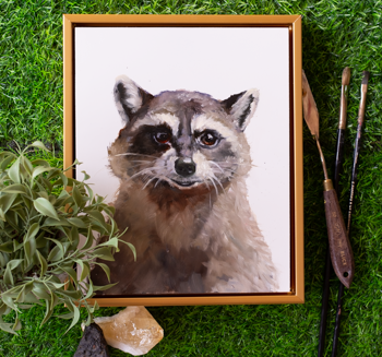 "Gaze of Mischief: Raccoon's Encounter,"  Original Oil Painting 8x10"