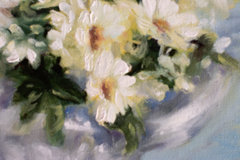 "Whimsical Tranquility: Tea Vase of Daisies with a Resting Mouse" Original Oil Painting 8" x 10"