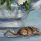 "Whimsical Tranquility: Tea Vase of Daisies with a Resting Mouse" Original Oil Painting 8x10"