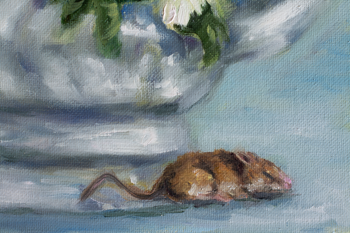 "Whimsical Tranquility: Tea Vase of Daisies with a Resting Mouse" Original Oil Painting 8" x 10"