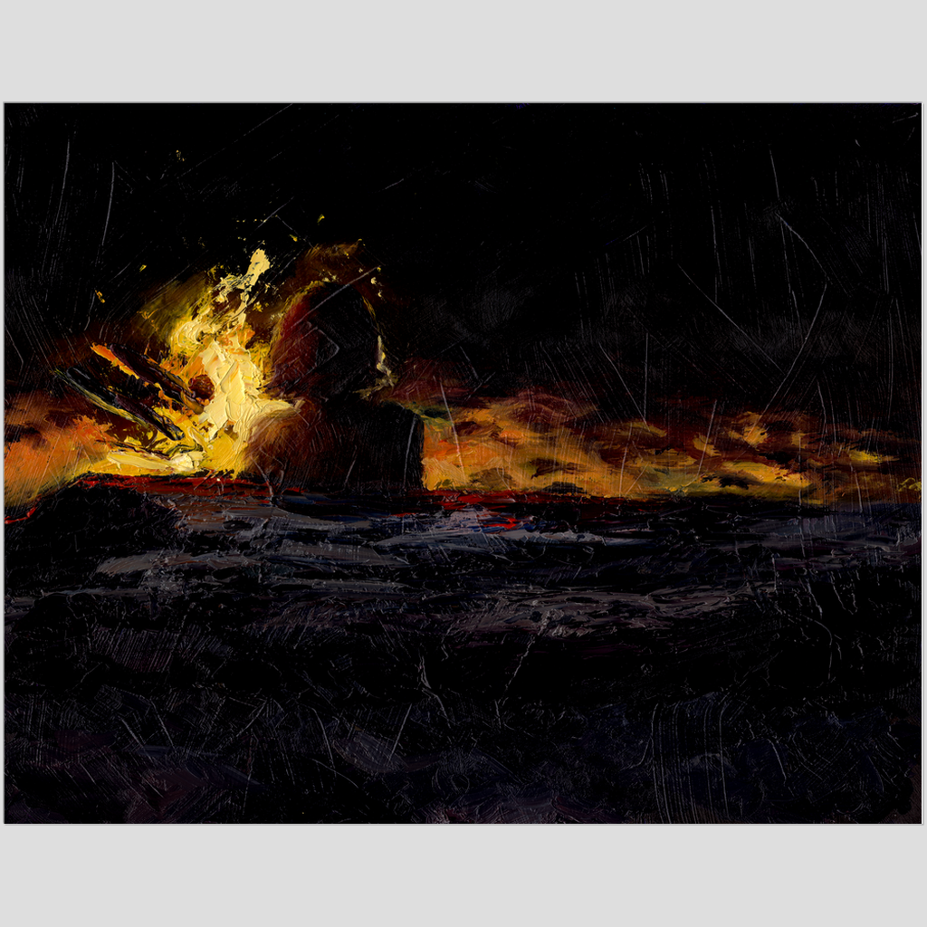 11x14" Limited edition artwork represents one of the five stages of grief - denial and isolation. The woman is sitting on the beach at night with her back to us as she gazes into the fire.   The fire represents hope, as the fire will burn away all of the negative and bring light. 