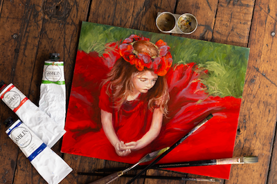 original oil painting of girl in red was created using high-quality oil paints by Stephanie Weaver.