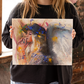 Model holding the 11x14" Original OIl painting of an angel praying the chaos.