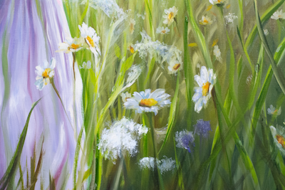 Closeup of the oil painting "Do You See It Too?" representing the acceptance phase of grief.  This closeup shows the beautify daisies surrounding the little girl.
