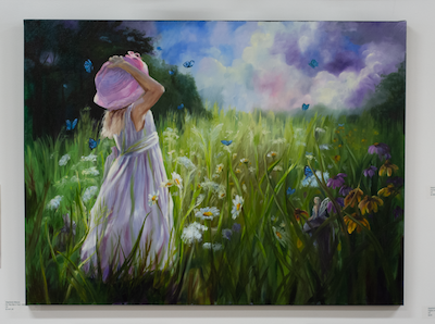 This picture is of a little girl in a field surrounded by butterfilies, fairies and a bunny.  The winds are blowing so she is holding her hat, the clouds are parting as she watches the clouds part to reveal a castle in the sky.  This artwork is a symbol of acceptance and hope for the 5 faces of grief.