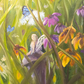 Closeup of the oil painting showing the fairy, butterfiles and flowers.