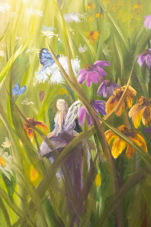 Closeup of the oil painting showing the fairy, butterfiles and flowers.