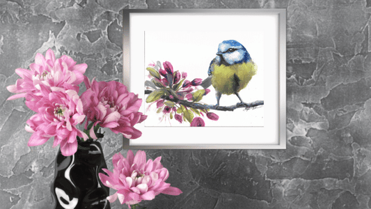 Original Oil Painting - Bluebird with Pink Flowers 8x10"