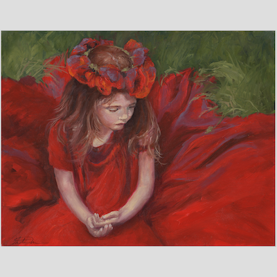 The girl in red holds her hands open and her gaze is downward.  She is depressed and feels hopeless.  The firey red dress symbolizes the passion that comes before depressions and envelops to so much it becomes overwhelming.  So she waits in a field of green grass waiting for the depression to pass. 
