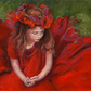 textured oil painting featuring a girl in red.