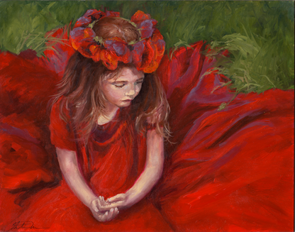 textured oil painting featuring a girl in red.