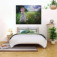 The vibrant oil painting is showcased in a bedroom.  This uplifting piece of artwork would be a fabulous addition to your home decor.