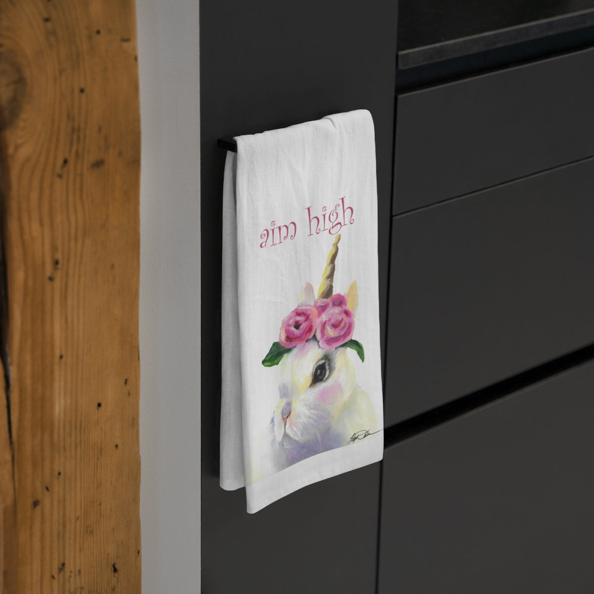 bunny unicorn tea towel with words "aim high"