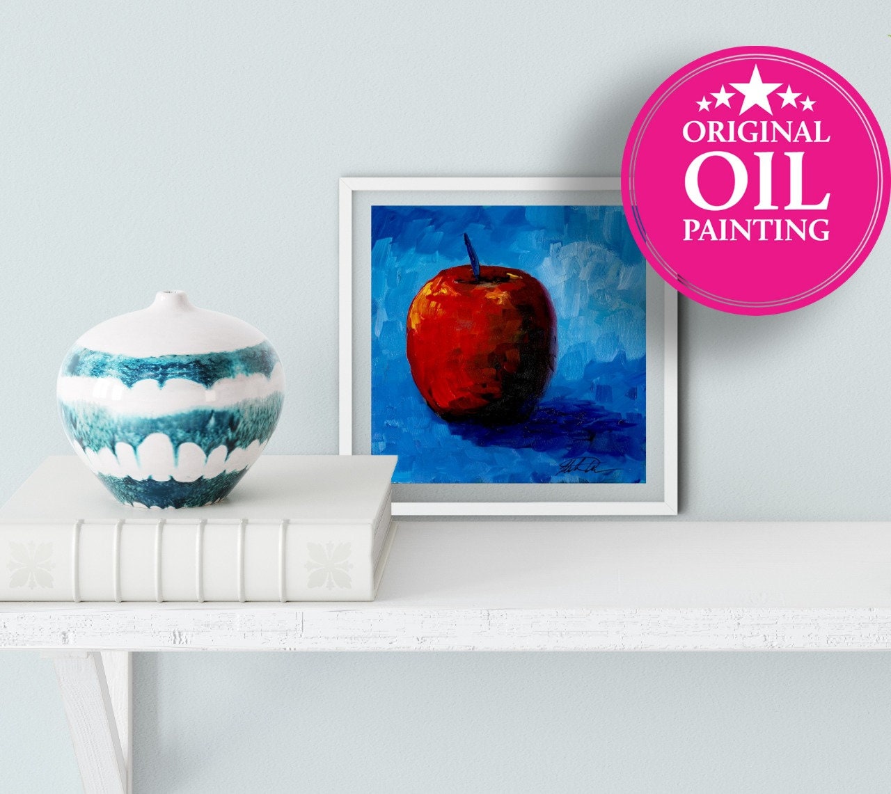 Original Oil Painting 6x6" Apple Artwork - Red and Vibrant Blue