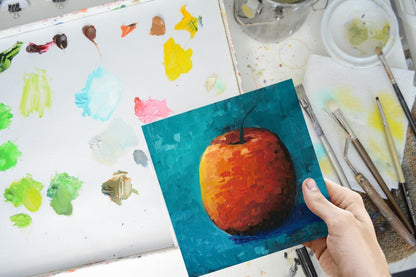 "Apple Artwork - Vibrant Turquoise" Original Oil Painting 6" x 6"